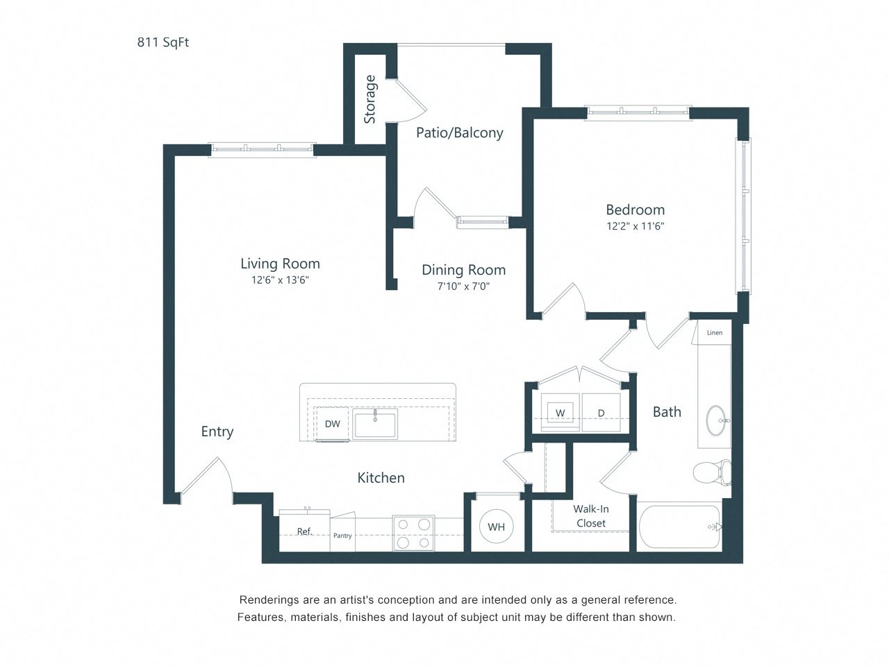 A3 Floor Plan 811 square foot one bedroom one bath